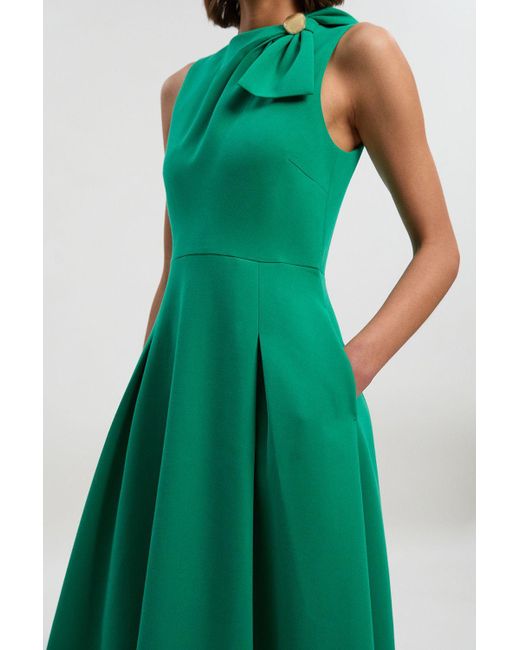 Karen Millen Green Compact Stretch Bow Tie Neck Trim Detail Tailored Full Midi Dress