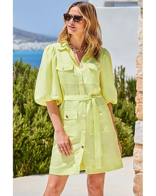 Sosandar Green Lemon Linen Blend Utility Shirt Dress