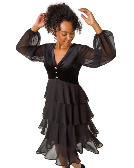 Roman Black Petite Velvet Tiered Midi Stretch Dress