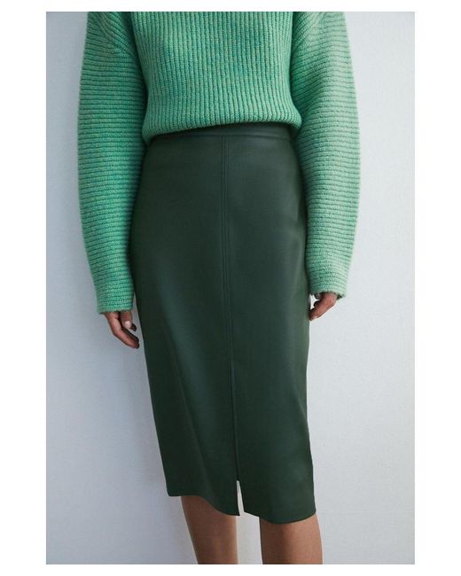 Warehouse Green Split Front Faux Leather Pencil Skirt