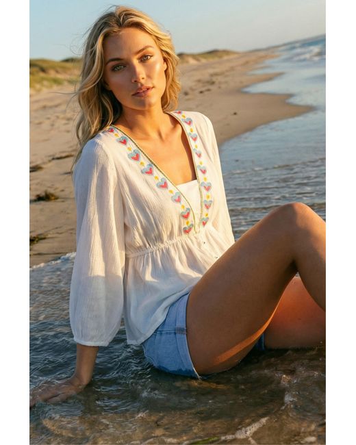 D.u.s.k Blue Embroidered V-Neck Blouse