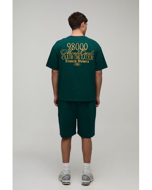 BoohooMAN Green Oversized Embroidered Monte Carlo T-Shirt & Baggy Short Set for men