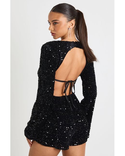 Boohoo Black Velvet Sequin Flare Sleeve Playsuit