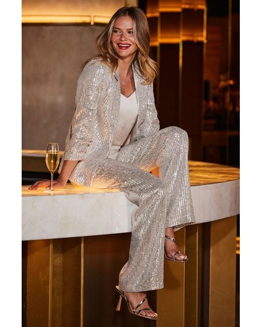 Sosandar Petite Champagne Sequin Wide Leg Trousers Metallic