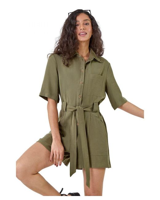 D.u.s.k Green Button Through Belted Pocket Playsuit