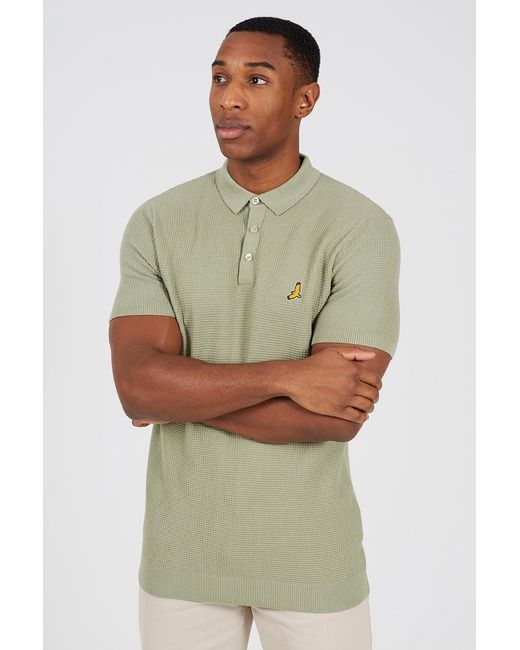 Brave Soul Green Cotton Waffle Knit Embroidered Polo Shirt for men