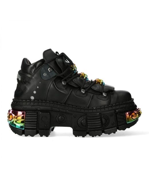 New Rock Black Platform Leather Ankle Boots-Wall106-S23