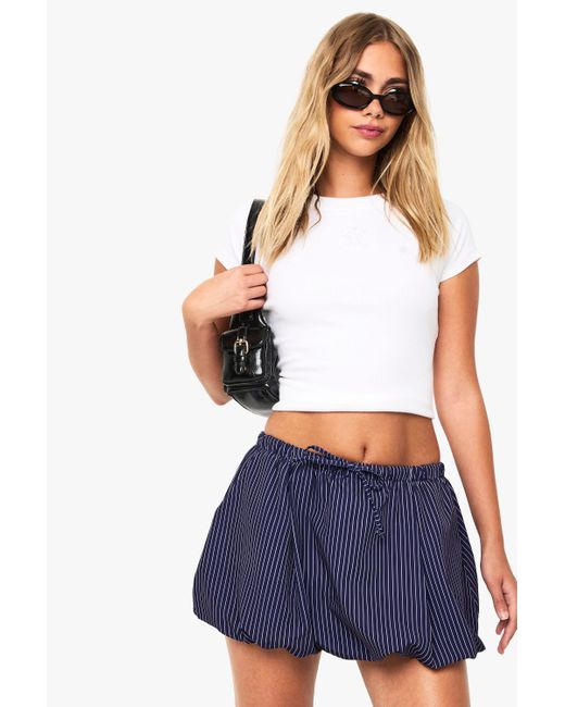 Boohoo Blue Pinstripe Woven Puffball Mini Skirt
