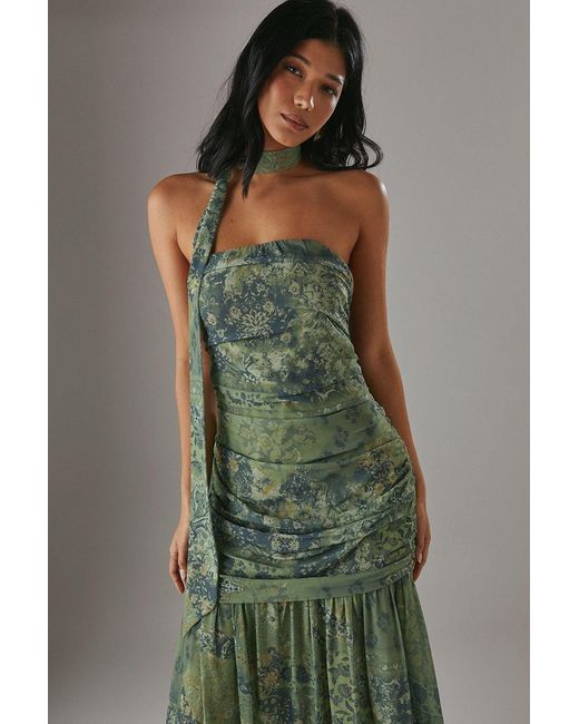 Warehouse Green Chiffon Neck Tie Bandeau Ruched Maxi Dress