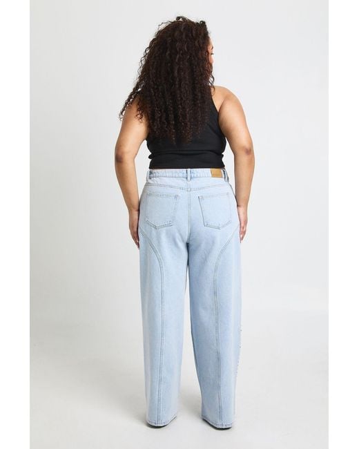 Boohoo Blue Plus High Waist Studded Western Straight Leg Jean