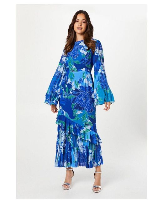 Coast Blue Pleat Mix Printed Long Sleeve Midaxi Dress