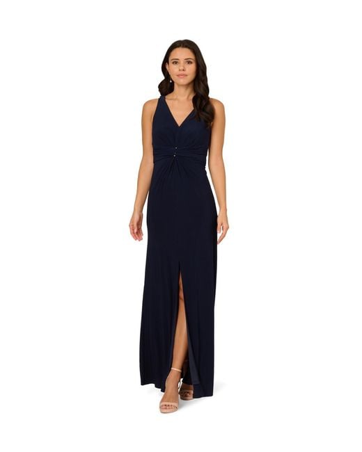 Adrianna Papell Blue Shirred Mermaid Jersey Gown