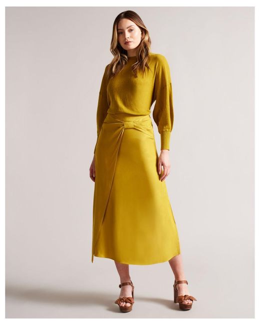 Ted Baker Yellow Jaune Asymmetric Twist Midi Slip Skirt