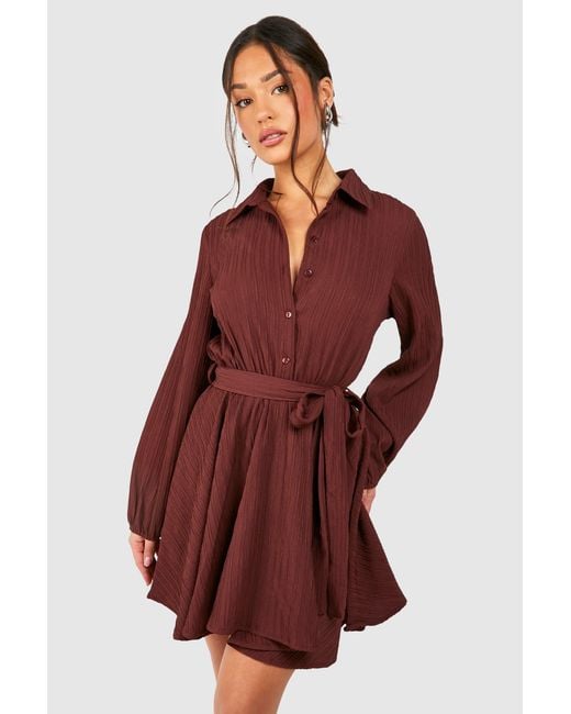Boohoo Red Petite Crinkle Skater Shirt Dress