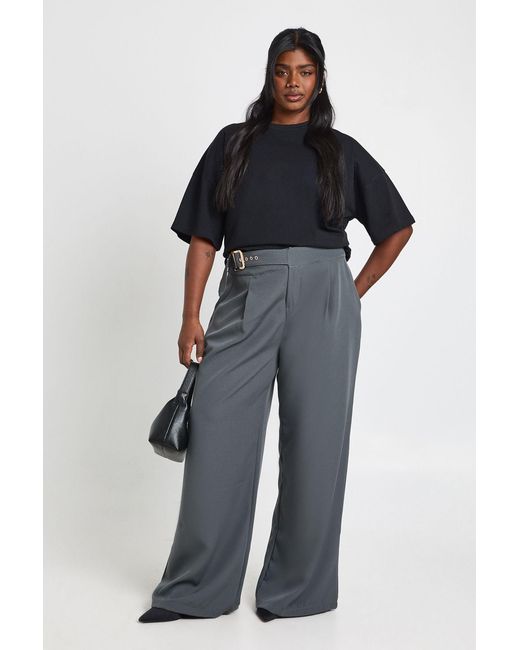 Boohoo Black Plus Low Rise Belted Straight Leg Trousers