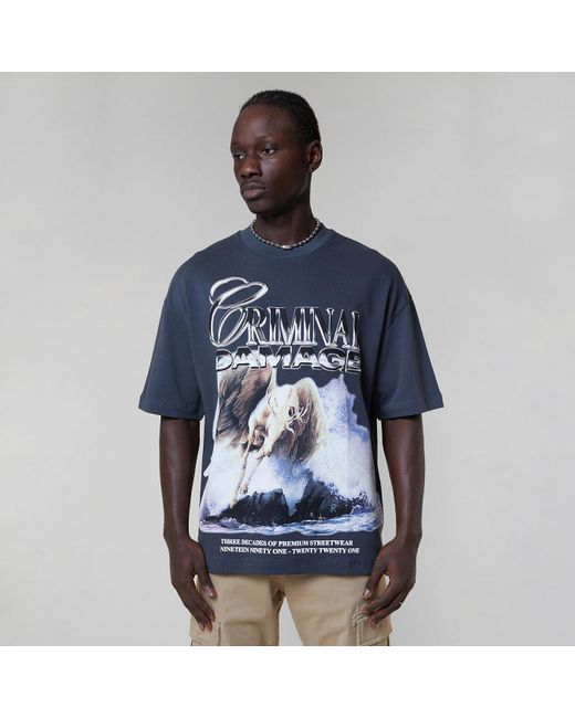 Criminal Damage Blue T-Shirt Short Sleeve Crew Neck Graphic Front for men