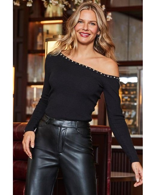 Sosandar Gray Off The Shoulder Pearl Trim Jumper