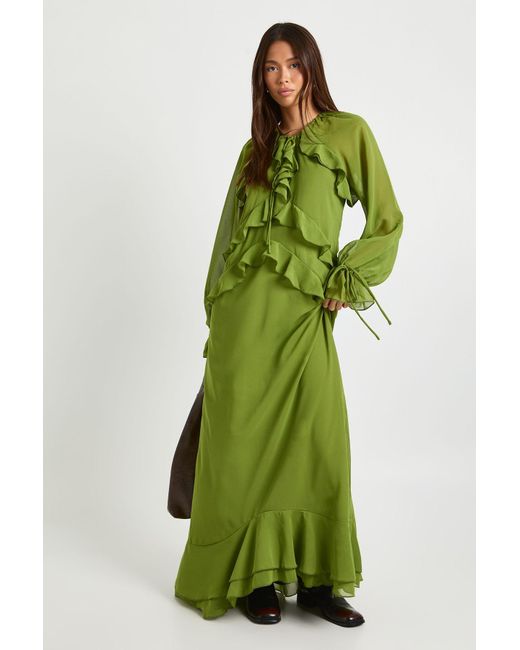 Boohoo Green Ruffle Front Smock Maxi Dress