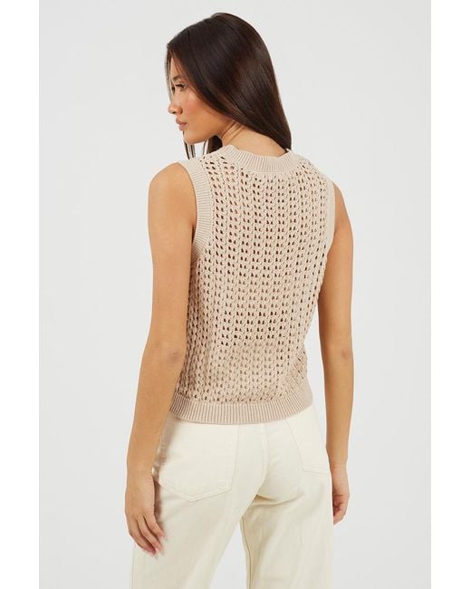 Brave Soul Natural Crew Neck Open Stitch Knitted Vest