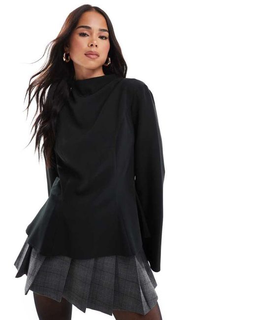 ASOS Black Waisted Peplum Top With Flare Sleeves