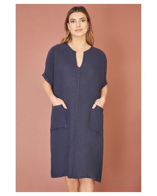 Yumi' Blue Italian Linen Tunic With Front Pockets