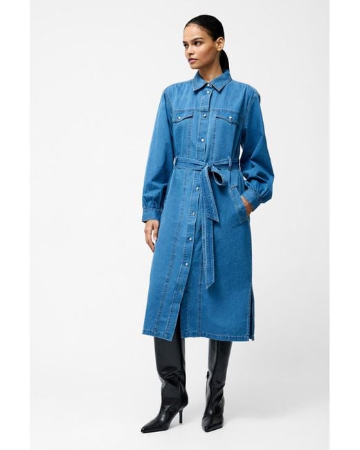 French Connection Blue Cotton Long Balloon Sleeve Button Up Self-Tie Denim Midi Dress