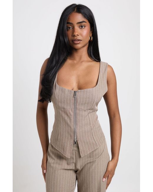 Boohoo Brown Pinstripe Crepe Zip Through Corset Top