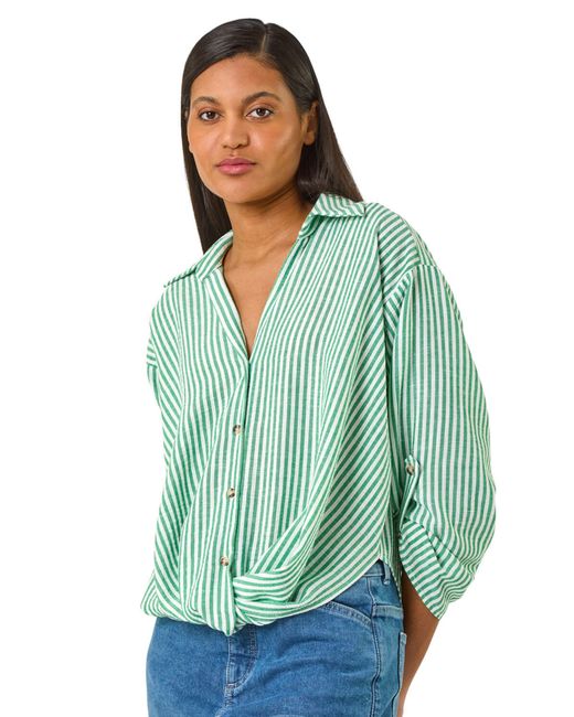 Roman Green Twisted Hem Striped Shirt