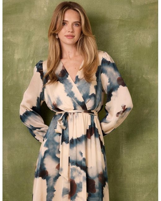 Blue Vanilla Green Watercolour Wrap Dress With Tie Belt