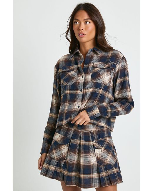 Boohoo Brown Check Print Longline Boxy Crop Shirt