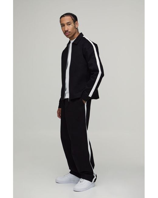 BoohooMAN Blue Twill Contrast Tape Oversized Boxy Zip Up Overshirt & Balloon Trouser Set for men
