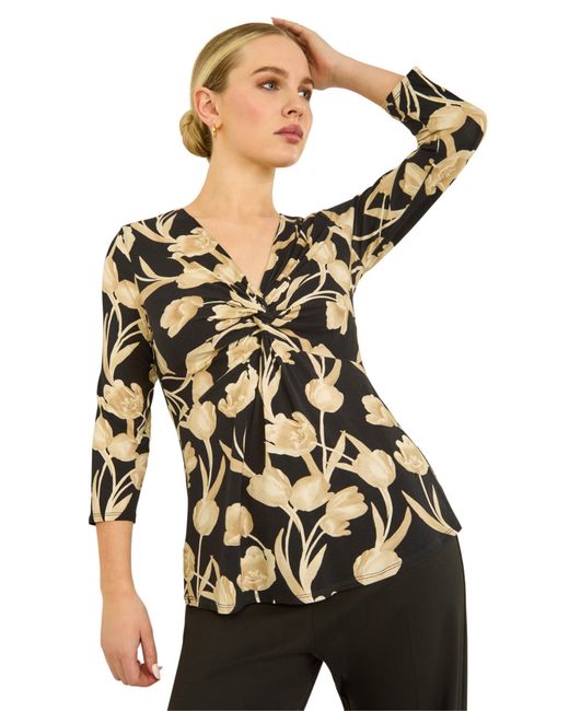 Roman Black Petite Floral Knot Front Stretch Top