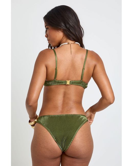 Boohoo Green Satin Pleated Underwired Top & Brief Bikini Bottoms