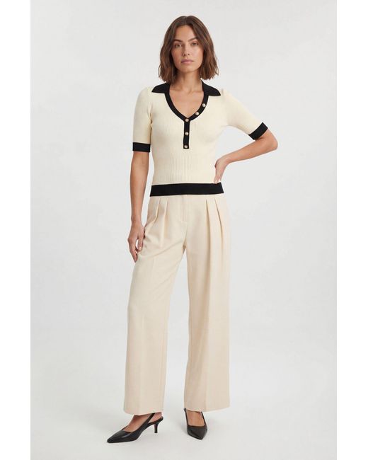 Karen Millen Natural Knit Rib With Contrast Hem Detail Collared Short Sleeve Top