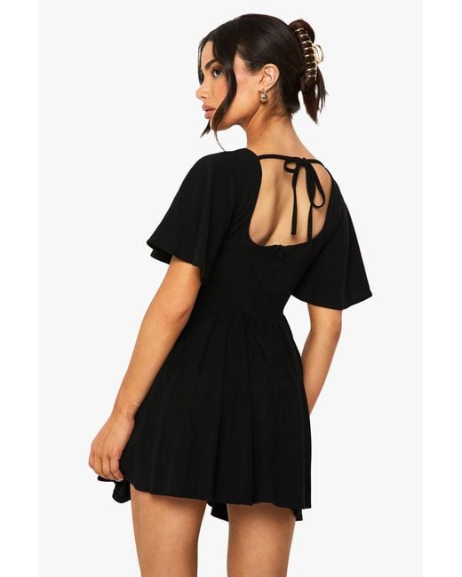 Boohoo Black Petite Linen Mix Corset Angel Sleeve Skater Dress