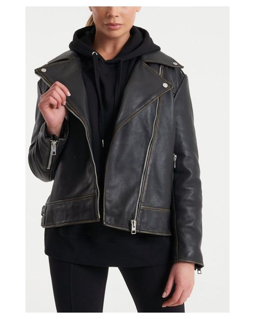 Barney s Originals Black Washed Real Leather Oversized Biker Jacket