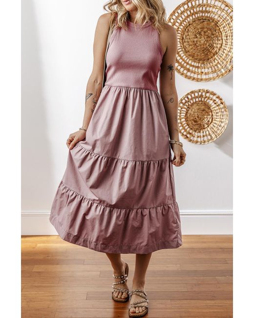 Azura Exchange Brown Sepia-Rosa Geripptes Top Patchwork Mehrlagiges Midi-Kleid Mit Taschen
