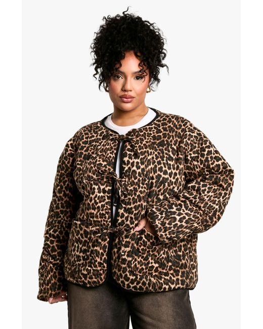 Boohoo Black Plus Leopard Tie Detail Padded Jacket