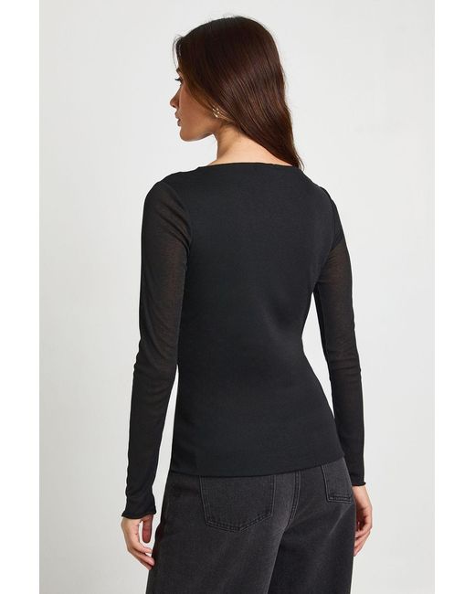 Boohoo Black Double Layered Textured Mesh Drape Front Long Sleeve Top