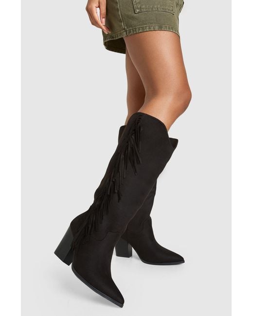 Boohoo Black Wide Fit Fringe Cowboy Boots
