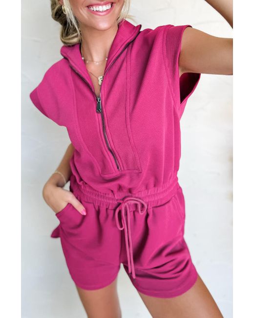 Azura Exchange Pink Geripptes Strick-Short-Jumpsuit