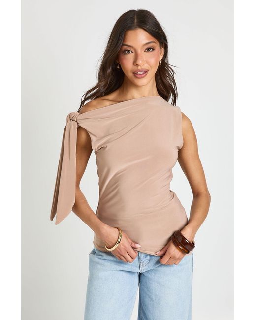Boohoo Blue Matte Slinky High Neck Tie Shoulder Top