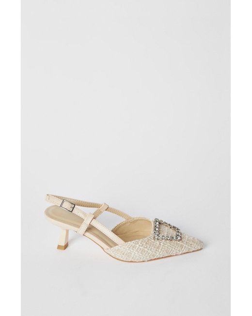 Faith White Cassidy Woven Textile Jewelled Brooch Detail Slingback Court Shoes