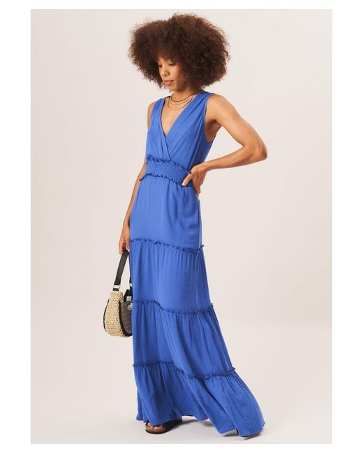 Gini London Blue Shirred Waist Wrap Tiered Midi Dress