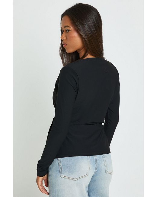 Boohoo Black Wrap Front Tie Waist Top
