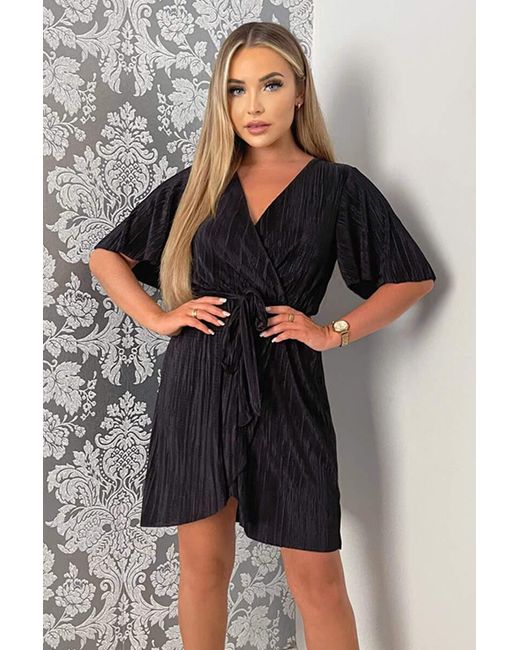 AX Paris Black Wrap Top Belted Short Sleeve Plisse Mini Dress