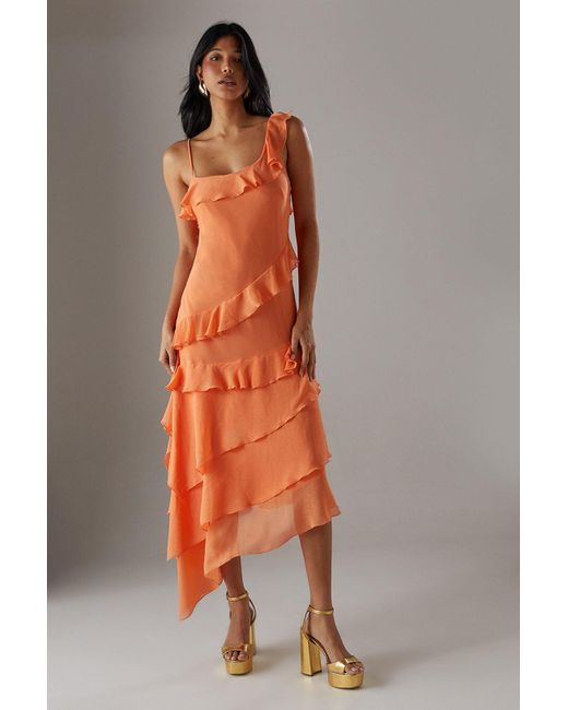 Warehouse Orange Chiffon Asymmetric Hem Ruffle Midi Slip Dress