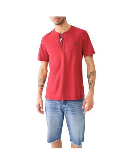 True Religion Red 108426 Henley T Shirt Short Sleeve Logo Placket Cotton Tee for men