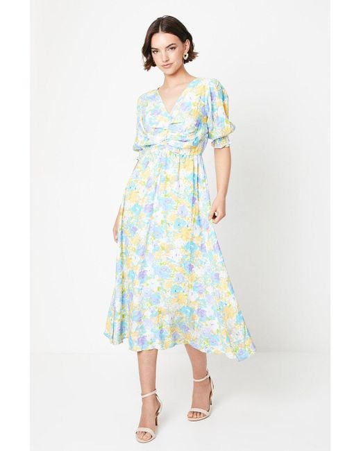 Oasis Blue Floral Ruched Front Midi Dress