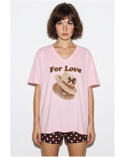 Bianco Lucci Pink Oversized V-Neck Printed T-Shirt